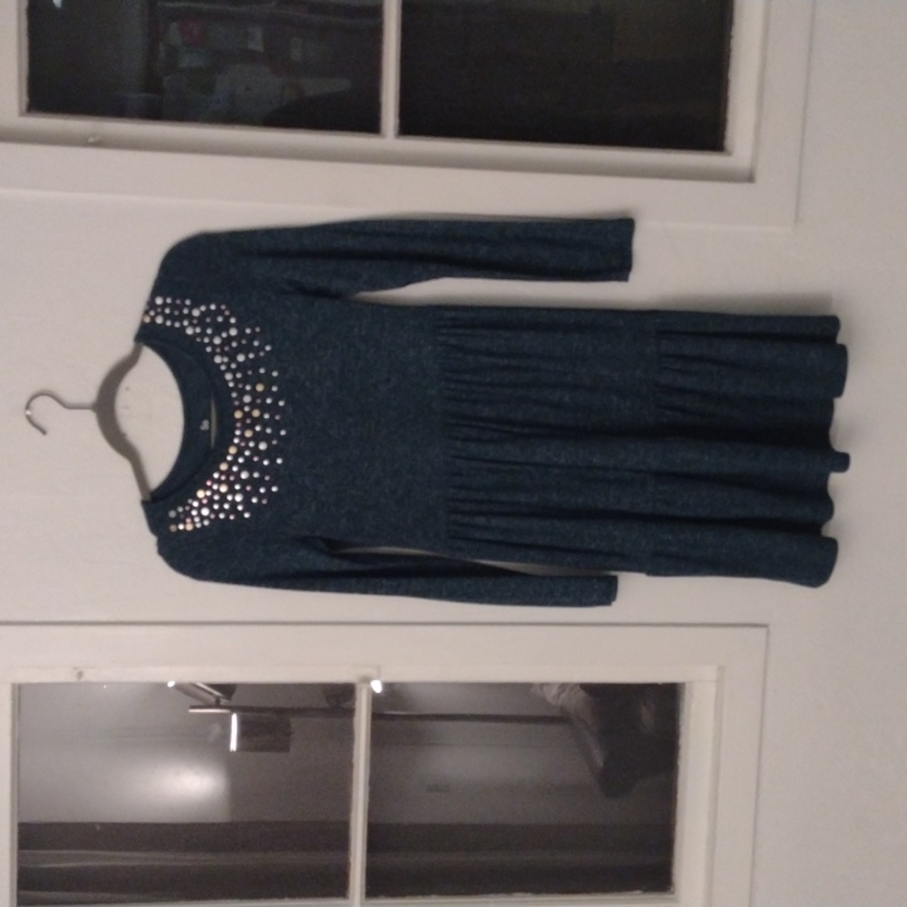 Long, teal, rayon dress with sequins